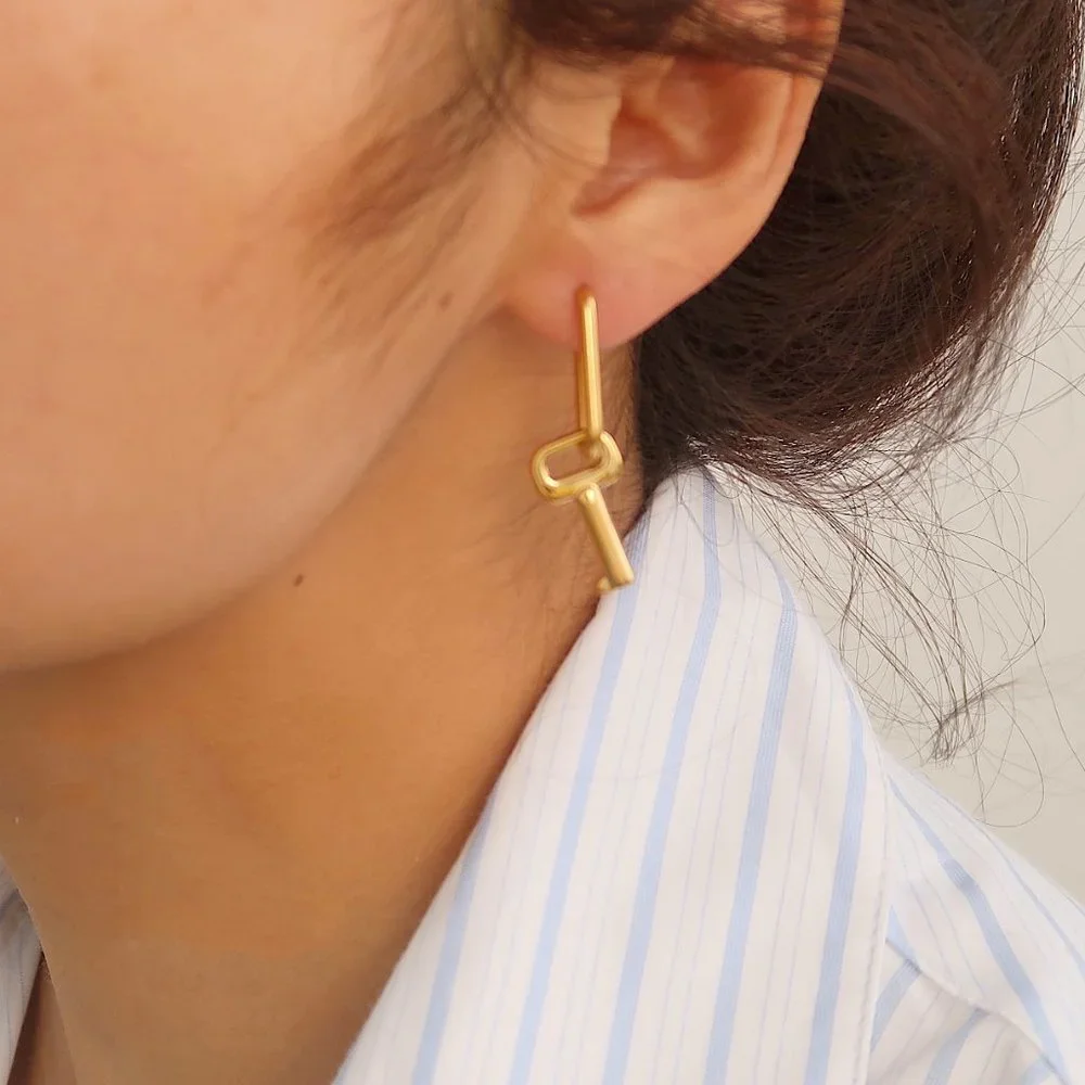 NEW 18K Gold Plated Key Drop Hoop Earrings